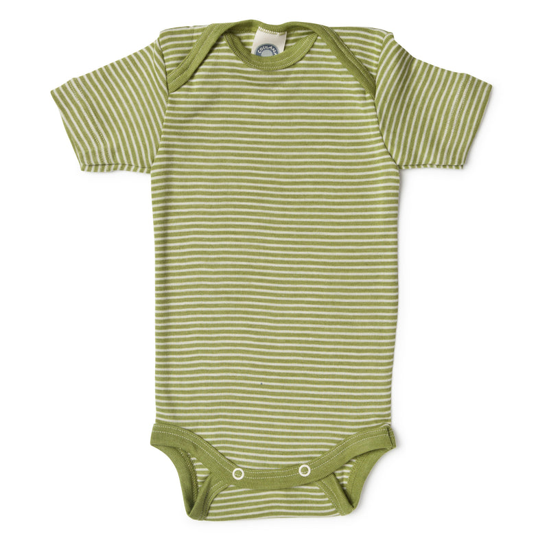 Green Striped Short sleeved merino baby bodysuit